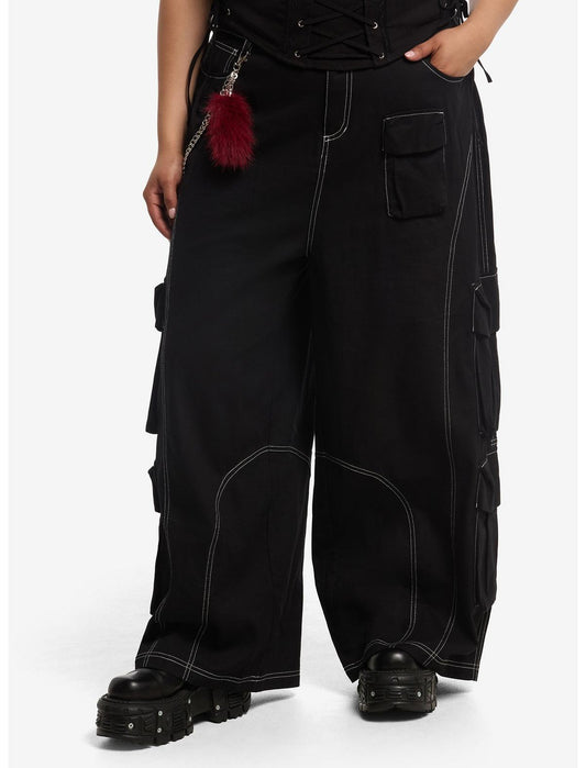 Black & White Contrast Stitch Side Chain Cargo Pants Plus Size - US 8297