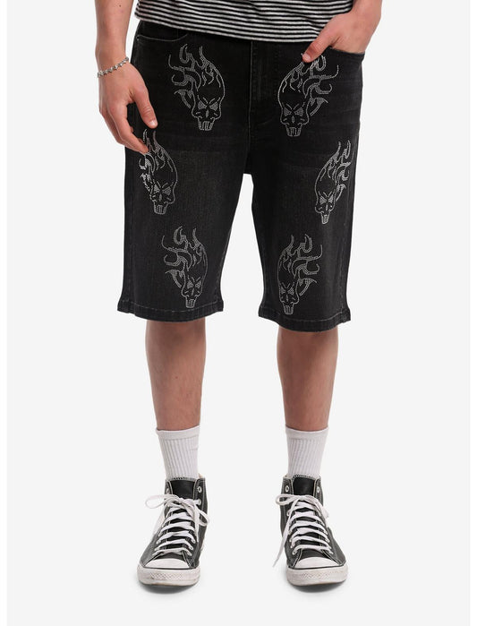 Flaming Skull Rhinestone Jorts - US 0060