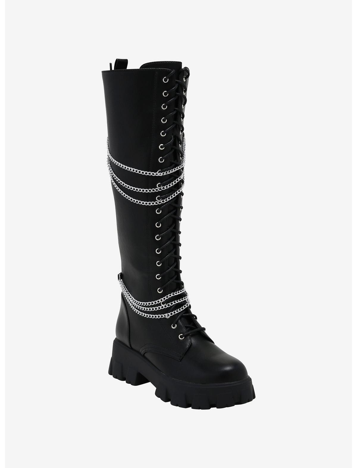 Black Chains Platform Knee-High Boots - US 8631