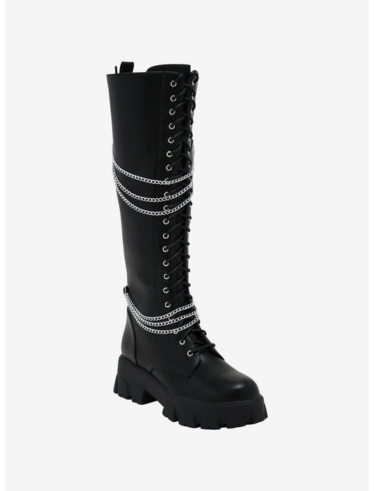 Black Chains Platform Knee-High Boots - US 8631