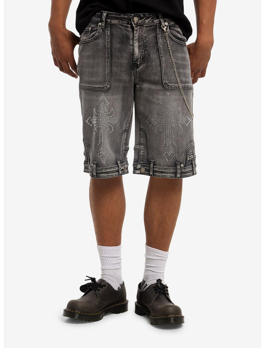 Grey Cross Rhinestone Side Chain Jorts - US 7621