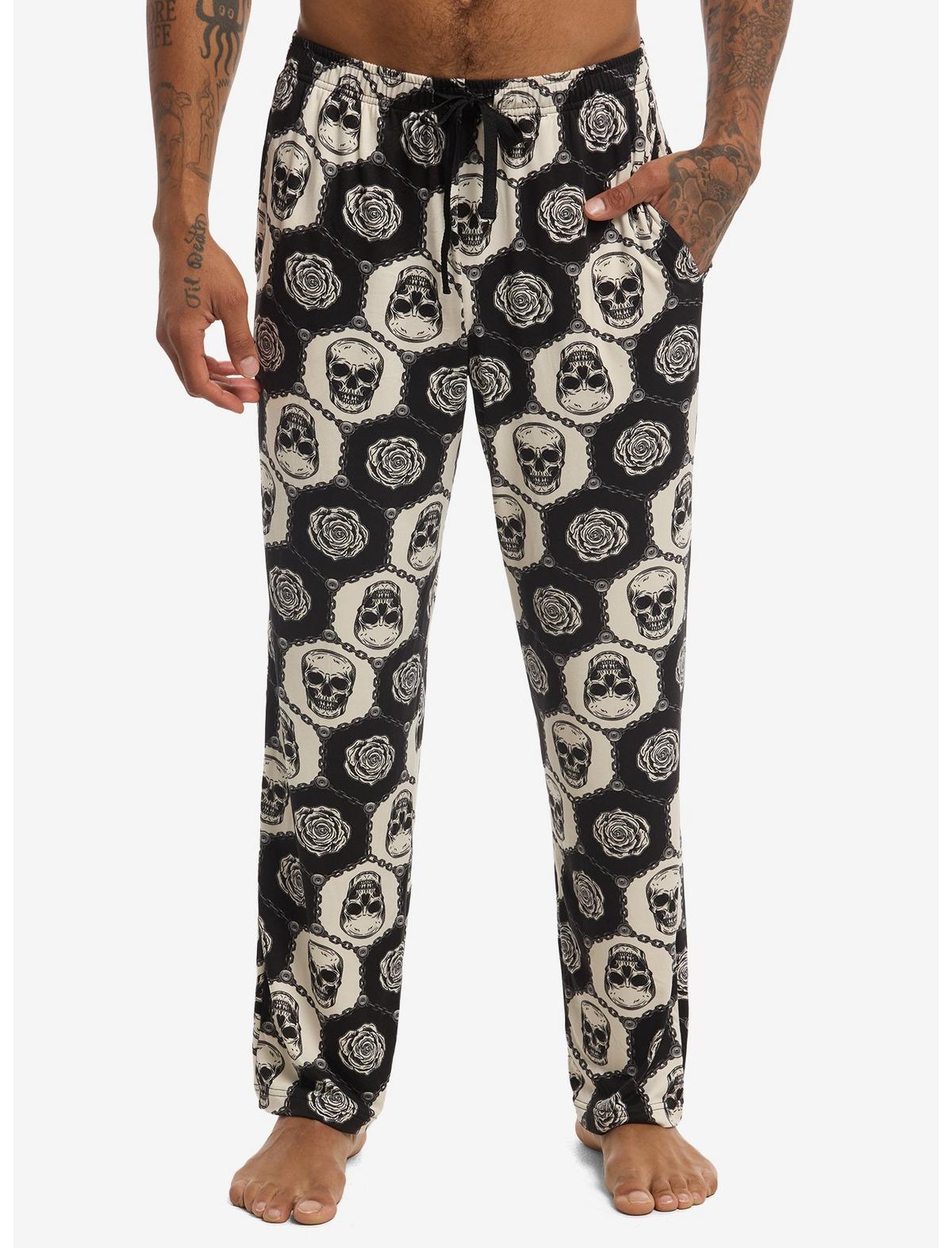 Black & White Skull & Roses Pajama Pants - US 0706