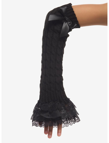 Black Ribbon Cable Knit Lace Arm Warmers - US 9212