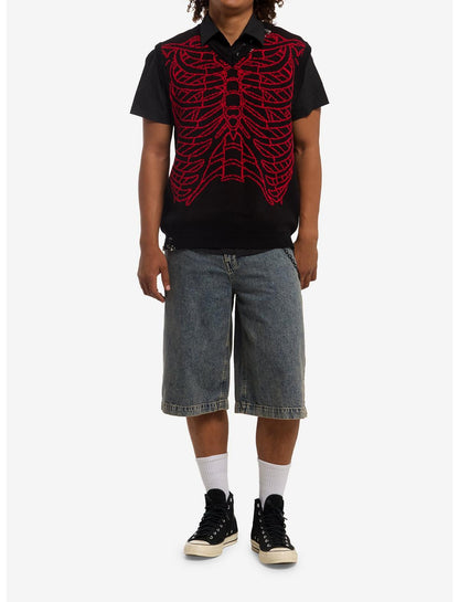 Black & Red Rib Cage Sweater Vest - US 3415