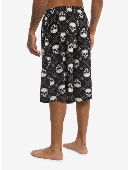 Black & Grey Skull Plaid Lounge Jorts - US 4246