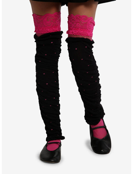 Black & Pink Polka Dot Leg Warmer & Thigh High Set - US 4126
