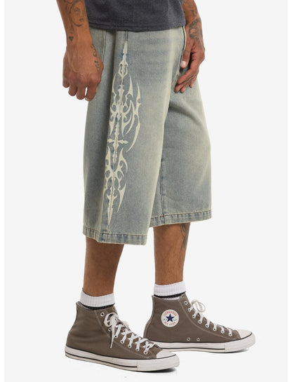 Cyber Sigil Light Wash Denim Jorts - US 3974