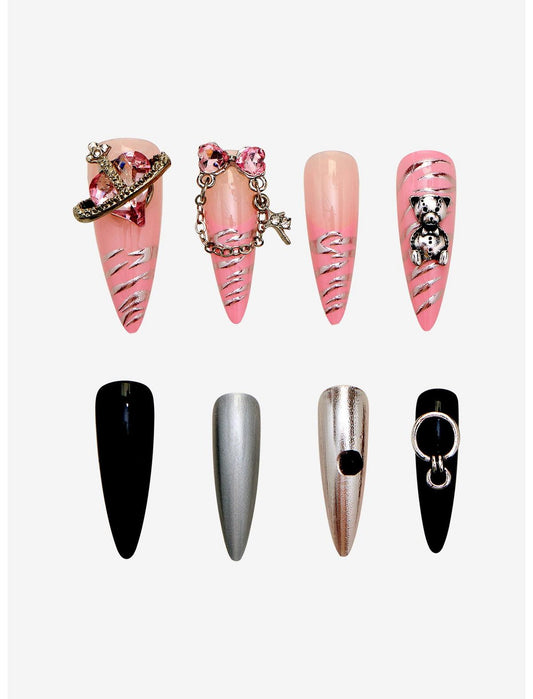 Blackheart Pink Black & Silver Bear Press-On Nail Set - US 4914