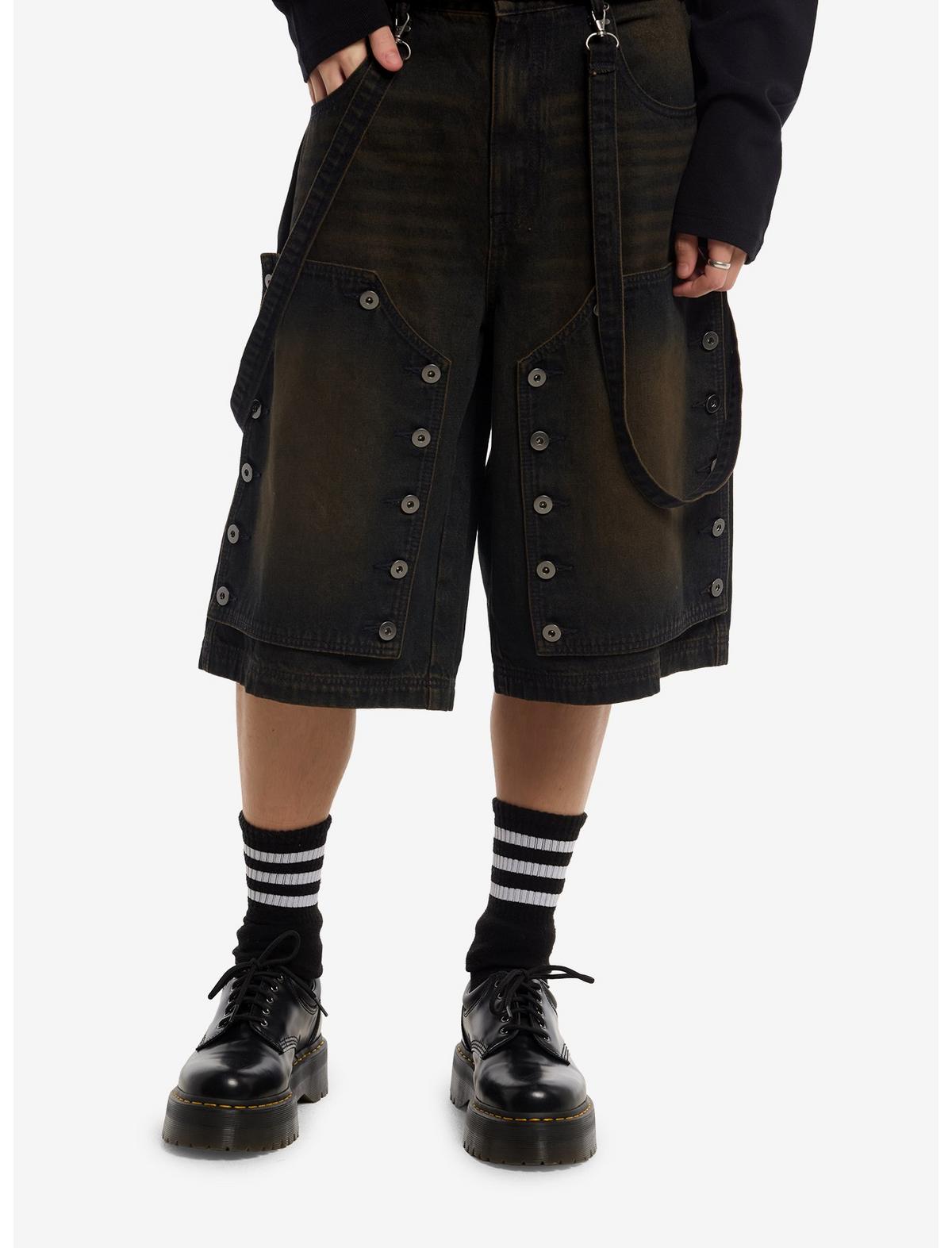 Brown Wash Suspender Jorts - US 7614