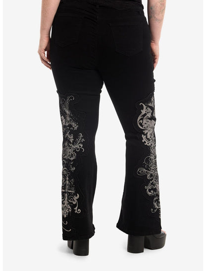 Cosmic Aura Gothic Filigree Patch Flare Jeans Plus Size - US 3775