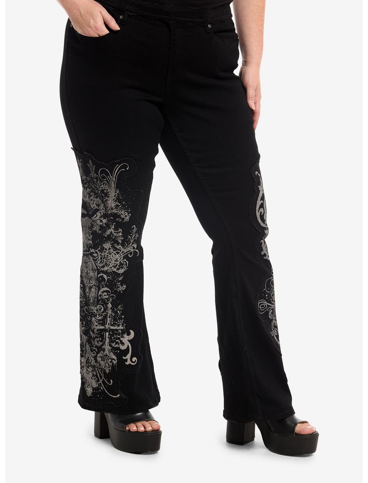 Cosmic Aura Gothic Filigree Patch Flare Jeans Plus Size - US 3775