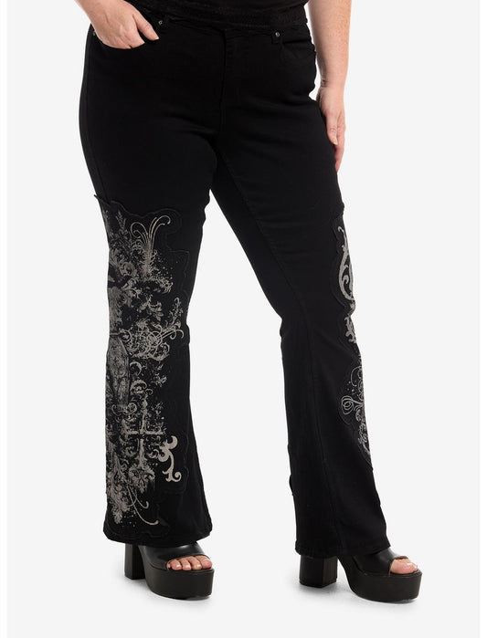 Cosmic Aura Gothic Filigree Patch Flare Jeans Plus Size - US 3775