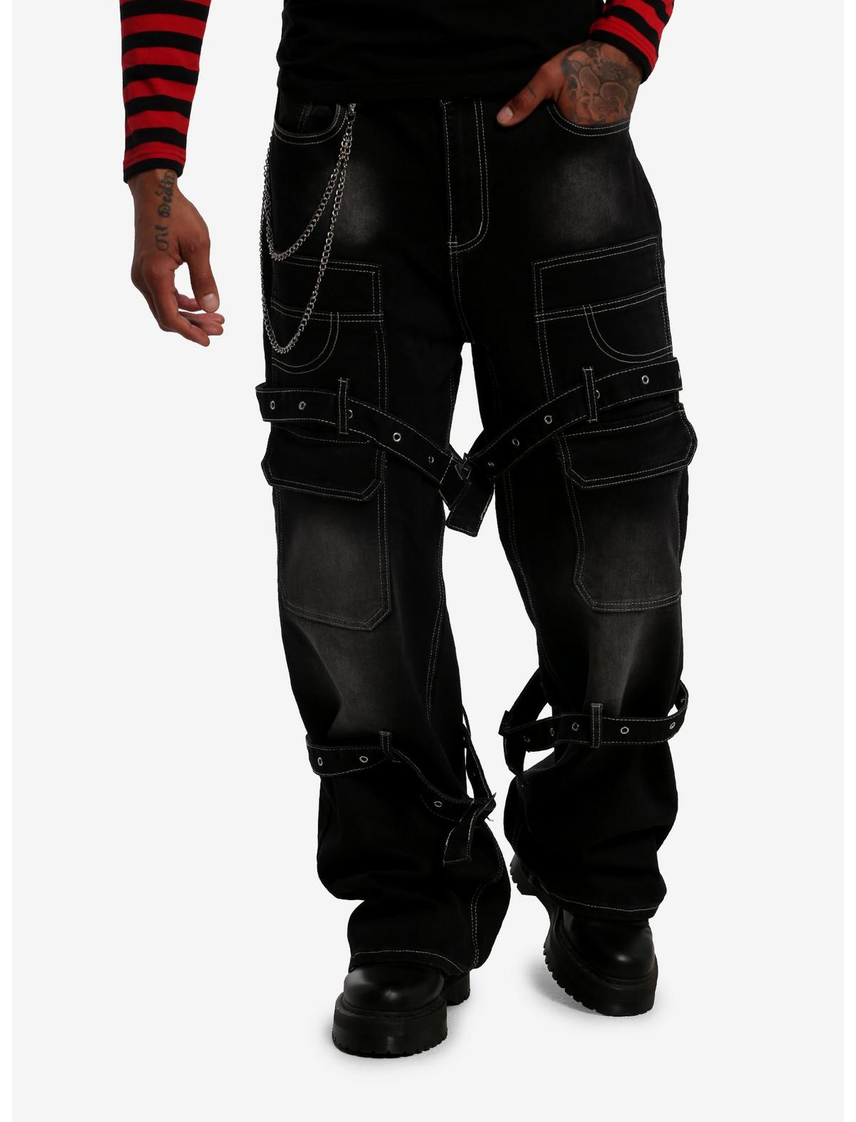 Grommet Suspender Strap Cargo Jeans With Side Chain - US 3577
