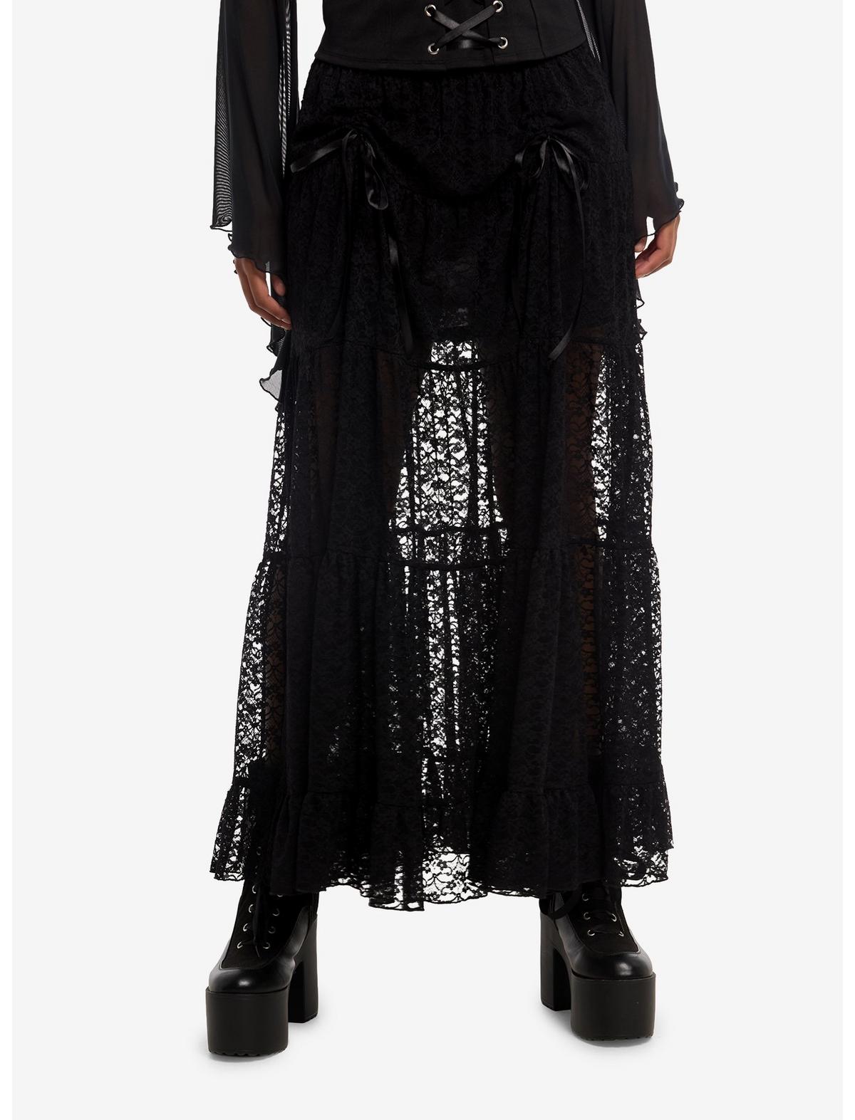 Cosmic Aura Black Lace Ribbon Layered Maxi Skirt - US 2132