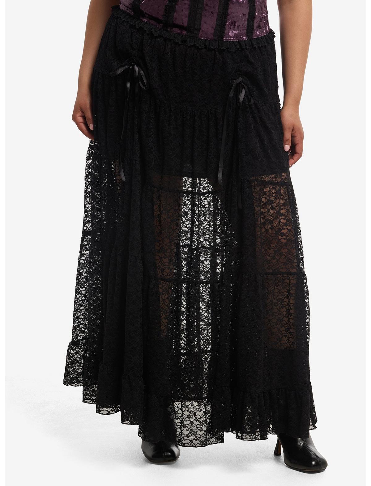 Cosmic Aura Black Lace Ribbon Layered Maxi Skirt Plus Size - US 9065