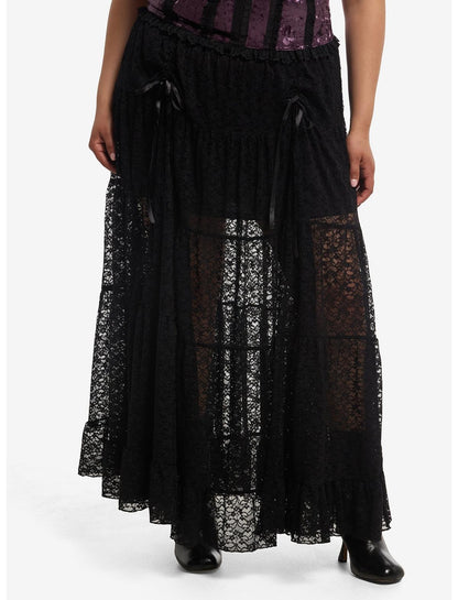 Cosmic Aura Black Lace Ribbon Layered Maxi Skirt Plus Size - US 9065