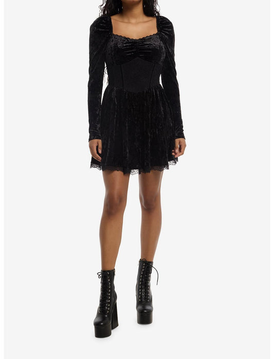 Cosmic Aura Black Velour Corset Long-Sleeve Dress - US 7514