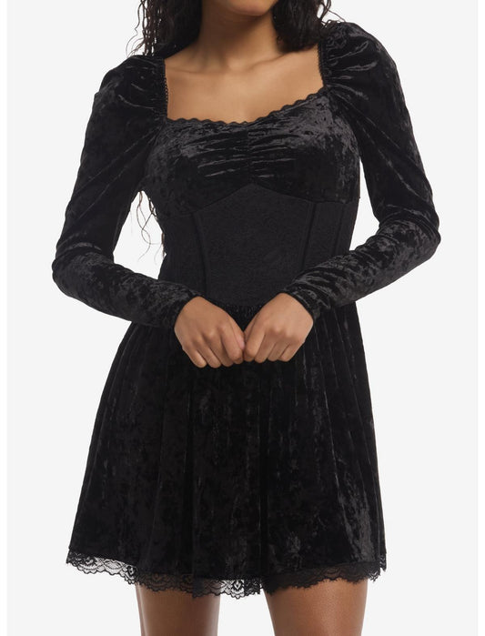 Cosmic Aura Black Velour Corset Long-Sleeve Dress - US 7514