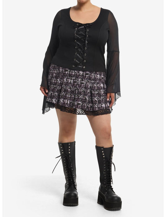 Cosmic Aura Lace-Up Mesh Girls Bell Sleeve Top - US 9546