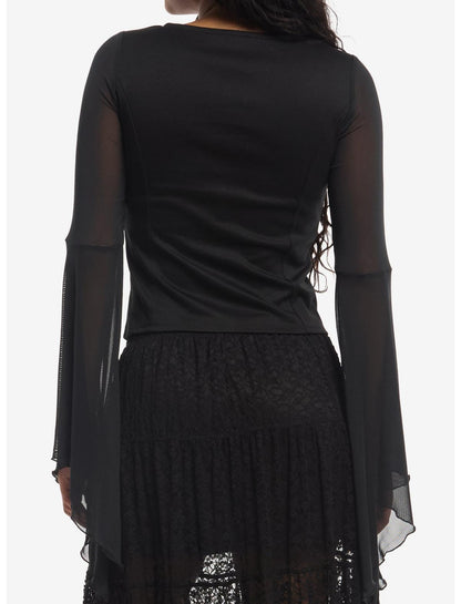 Cosmic Aura Lace-Up Mesh Girls Bell Sleeve Top - US 9546
