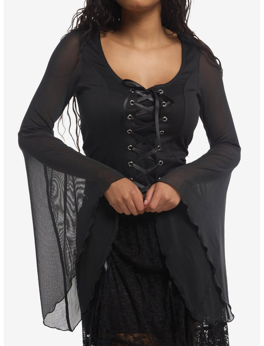 Cosmic Aura Lace-Up Mesh Girls Bell Sleeve Top - US 9546