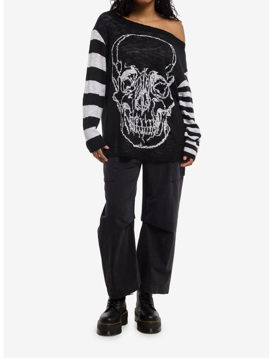 Cosmic Aura Skull Black & White Mismatch Stripe Girls Sweater - US 7643