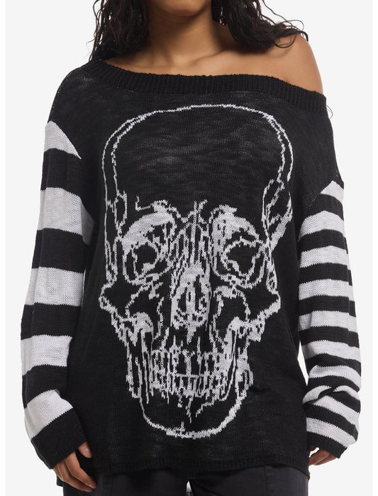 Cosmic Aura Skull Black & White Mismatch Stripe Girls Sweater - US 7643