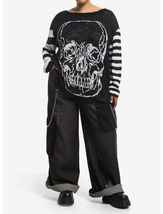 Cosmic Aura Skull Black & White Mismatch Stripe Girls Sweater Plus Size - US 0378