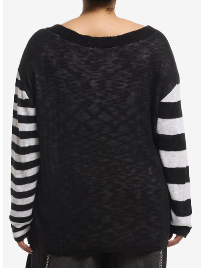 Cosmic Aura Skull Black & White Mismatch Stripe Girls Sweater Plus Size - US 0378