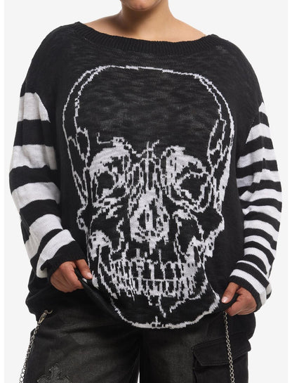 Cosmic Aura Skull Black & White Mismatch Stripe Girls Sweater Plus Size - US 0378