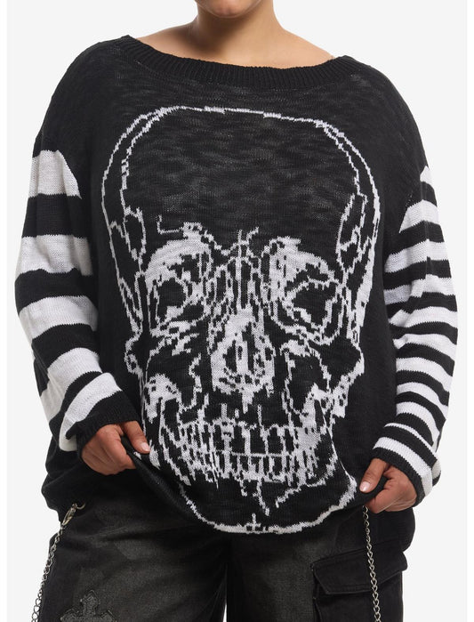 Cosmic Aura Skull Black & White Mismatch Stripe Girls Sweater Plus Size - US 0378