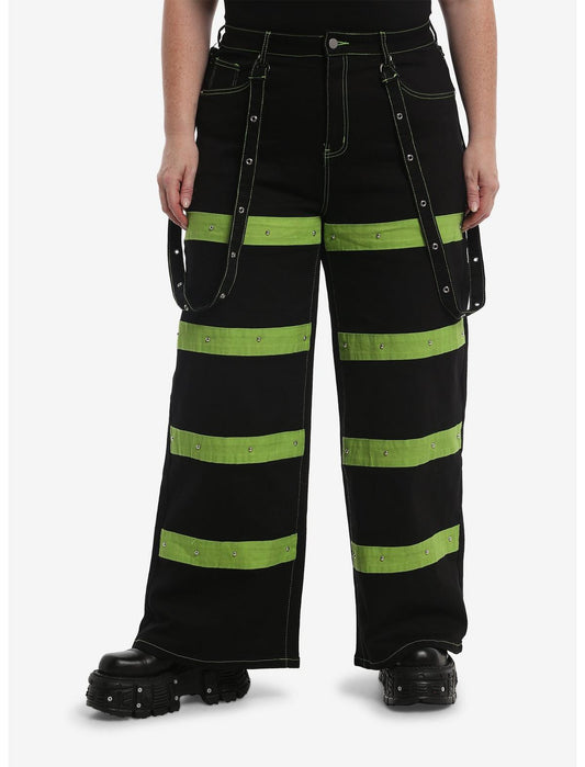 Black & Green Stripe Hardware Suspender Jeans Plus Size - US 7229