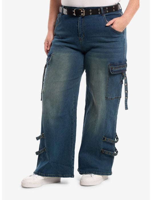 Indigo Wash Grommet Belted Cargo Jeans Plus Size - US 2467
