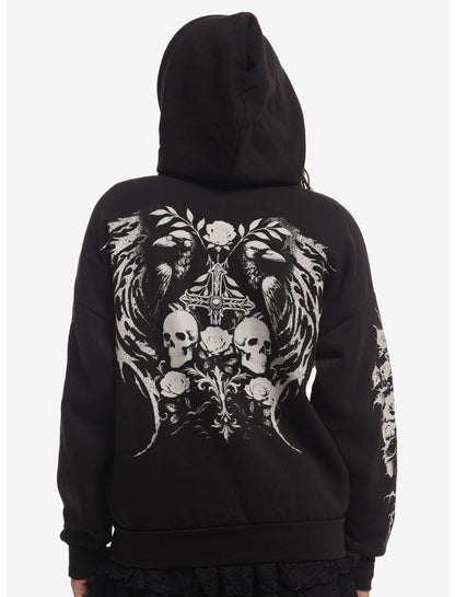 Cosmic Aura Raven Skull Cross Girls Hoodie - US 4032