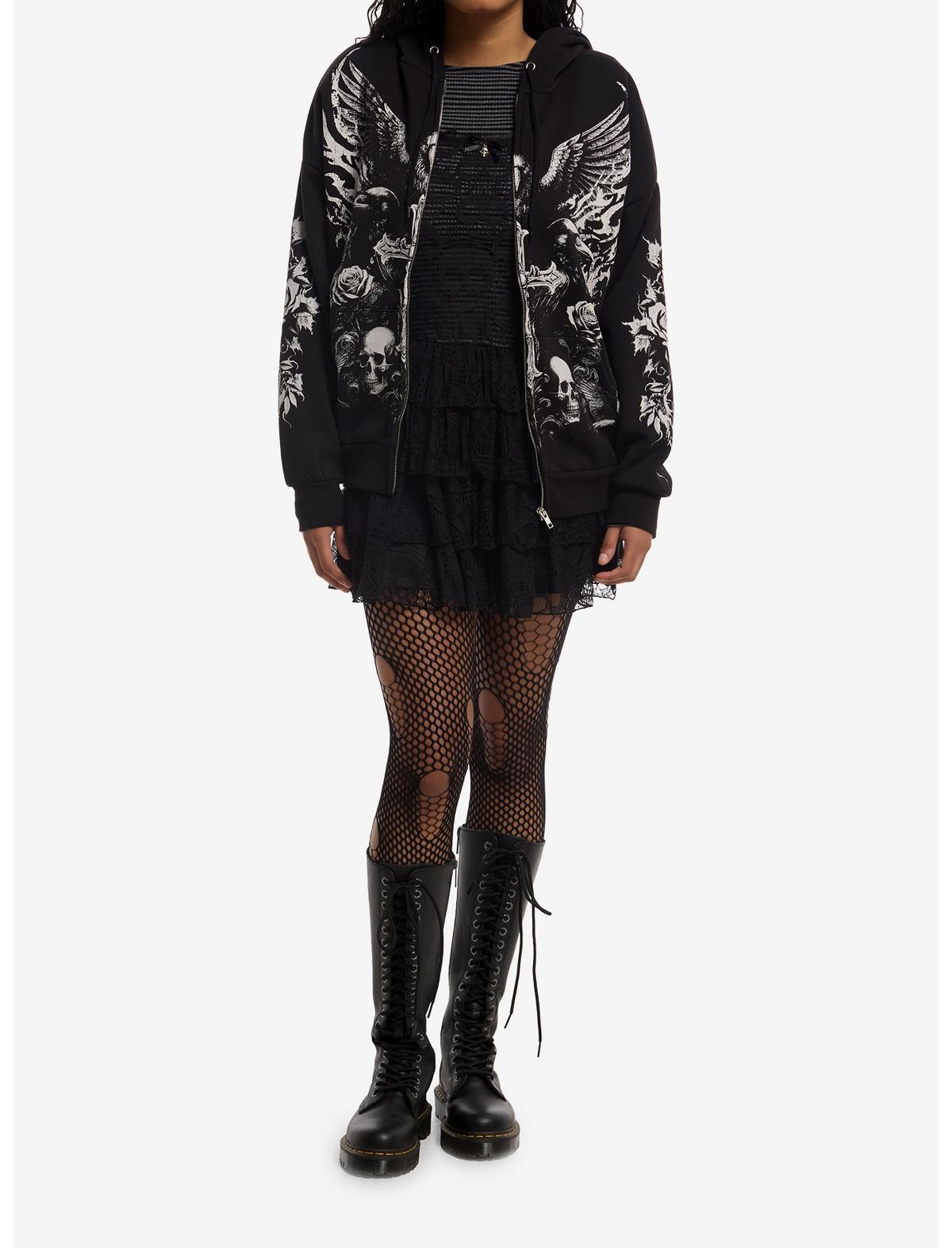 Cosmic Aura Raven Skull Cross Girls Hoodie - US 4032
