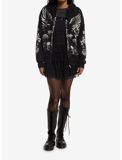 Cosmic Aura Raven Skull Cross Girls Hoodie - US 4032