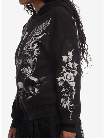 Cosmic Aura Raven Skull Cross Girls Hoodie - US 4032