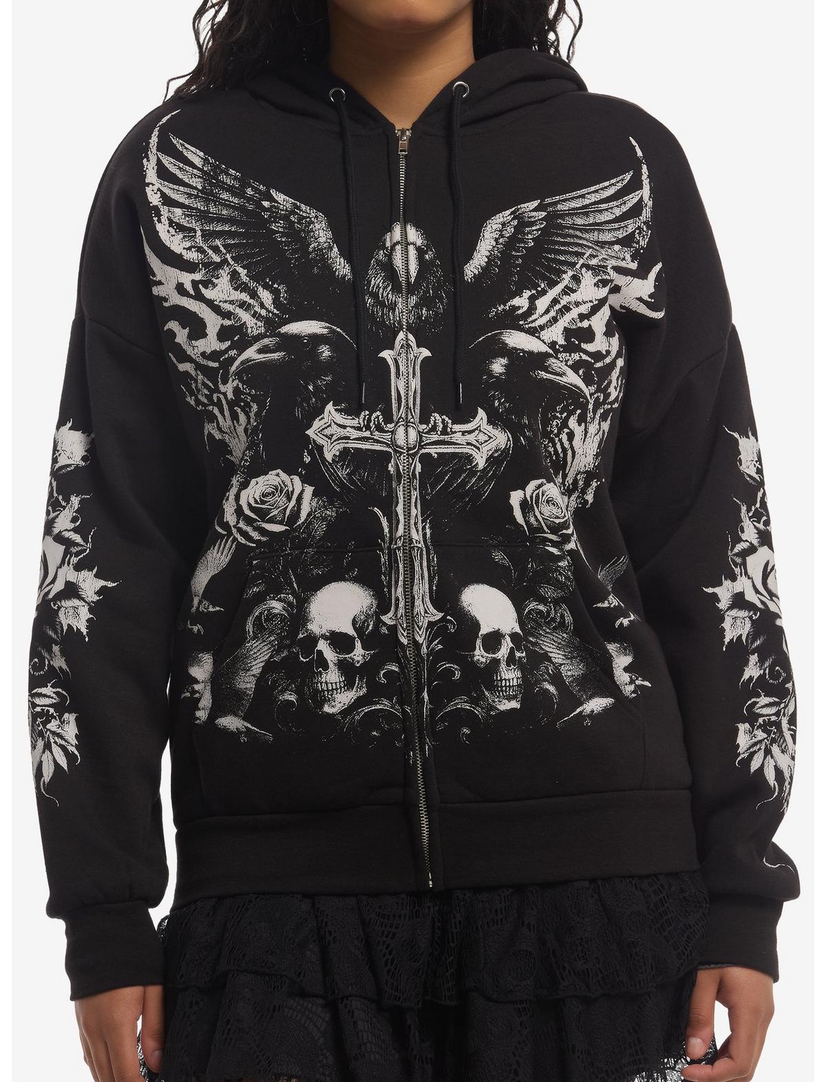 Cosmic Aura Raven Skull Cross Girls Hoodie - US 4032