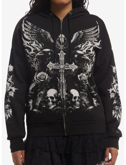 Cosmic Aura Raven Skull Cross Girls Hoodie - US 4032