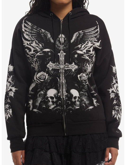 Cosmic Aura Raven Skull Cross Girls Hoodie - US 4032