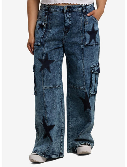 Blue Acid Wash Star Cargo Jeans Plus Size - US 8937