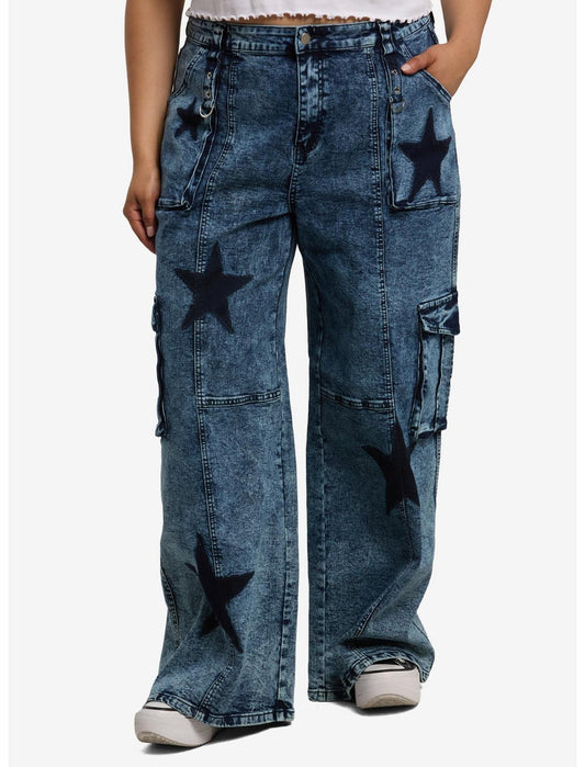 Blue Acid Wash Star Cargo Jeans Plus Size - US 8937