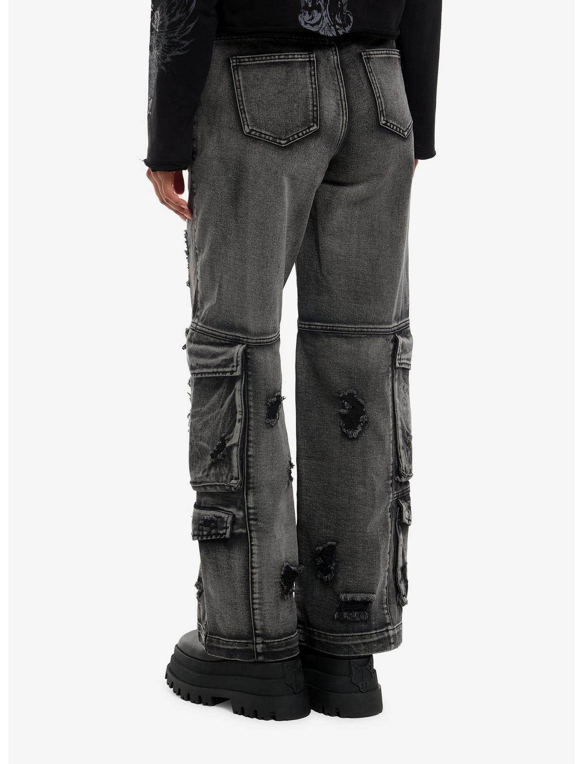 Black Destructed Cargo Wide Leg Jeans - US 8747