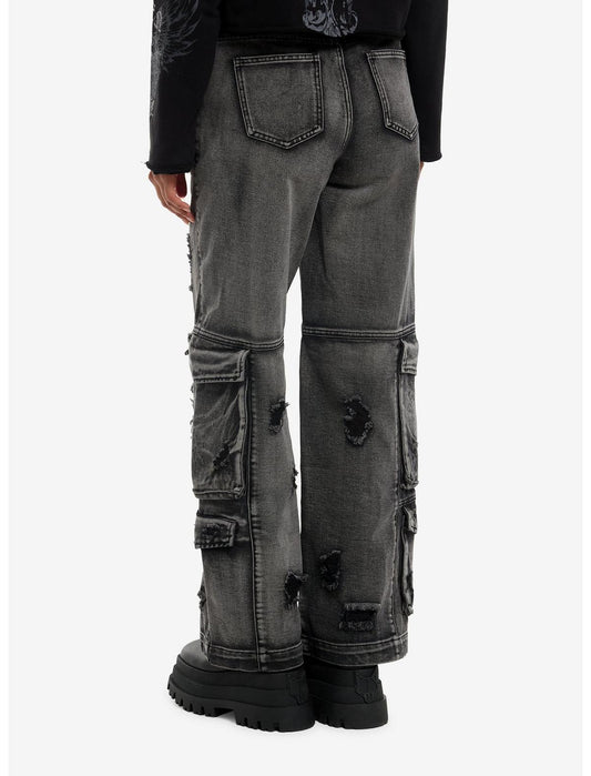 Black Destructed Cargo Wide Leg Jeans - US 8747