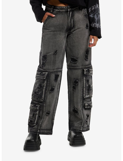 Black Destructed Cargo Wide Leg Jeans - US 8747