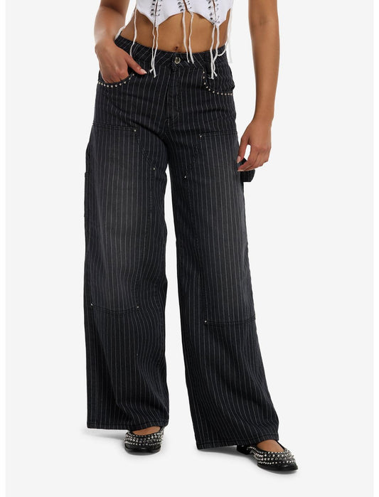 Black Pinstripe Rhinestone Wide Leg Pants - US 1764