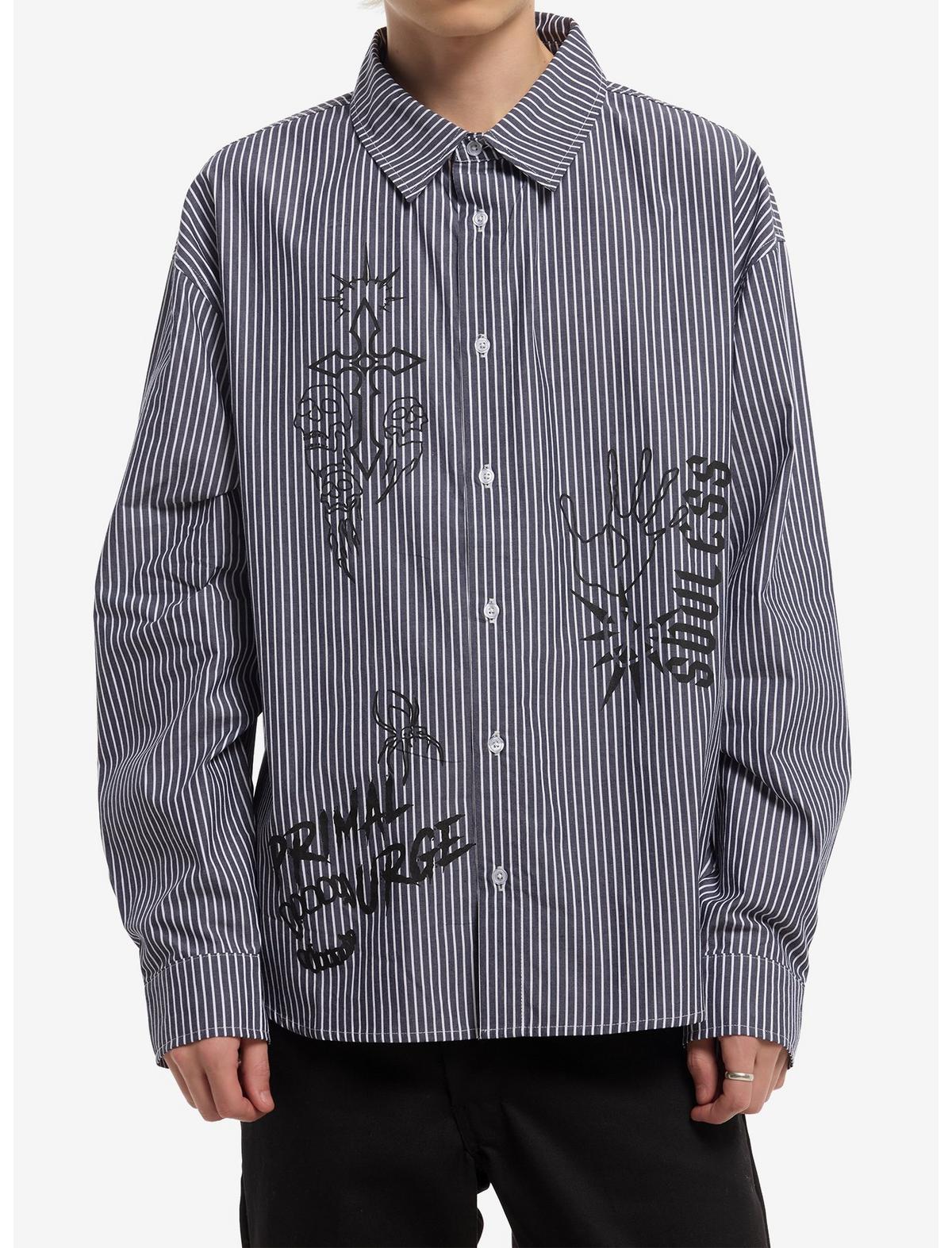 Grey & White Pinstripe Icon Print Woven Button-Up - US 9023