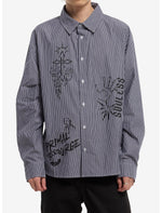 Grey & White Pinstripe Icon Print Woven Button-Up - US 9023
