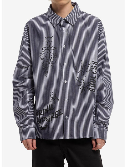 Grey & White Pinstripe Icon Print Woven Button-Up - US 9023
