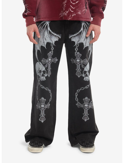 Black Bat Wing Skull Cross Jeans - US 4367